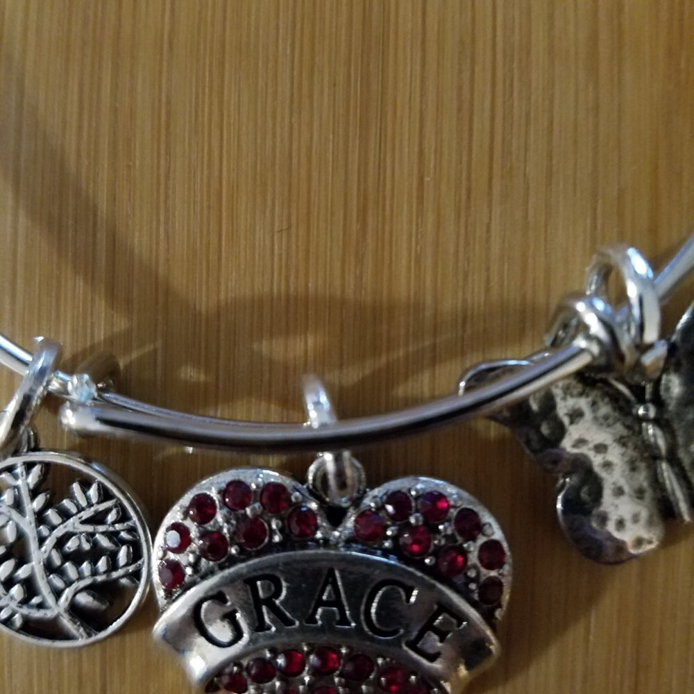Hand Crafted Charm Bangle -Tree Of Life, Jeweled Engraved Heart, Butterfly. View 4